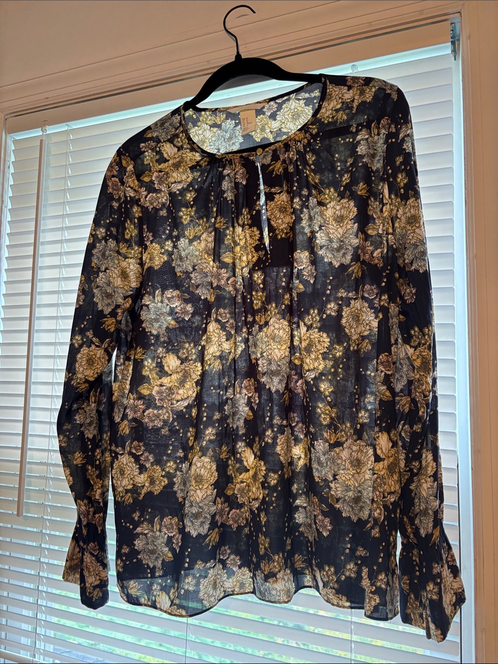 H&M Black Sheer Floral Tie-Neck Blouse